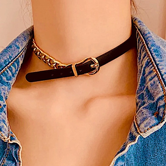 Gold Buckle Cuban Chain Link Leather Choker - Picture 1 of 11